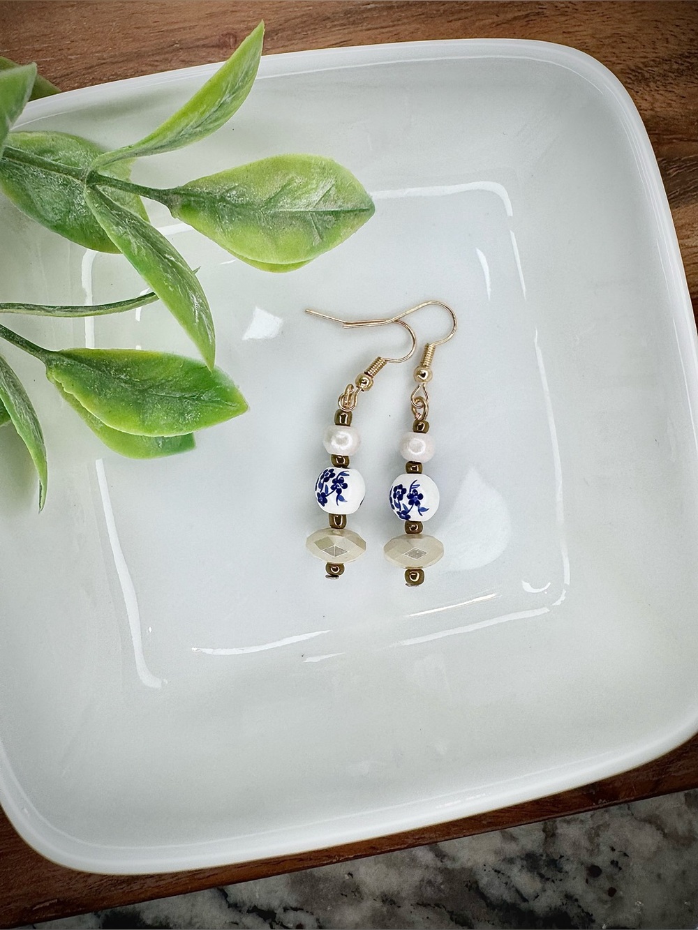 Vintage Inspired Handmade Blue & White Floral Chinoiserie Style Dangle Earrings